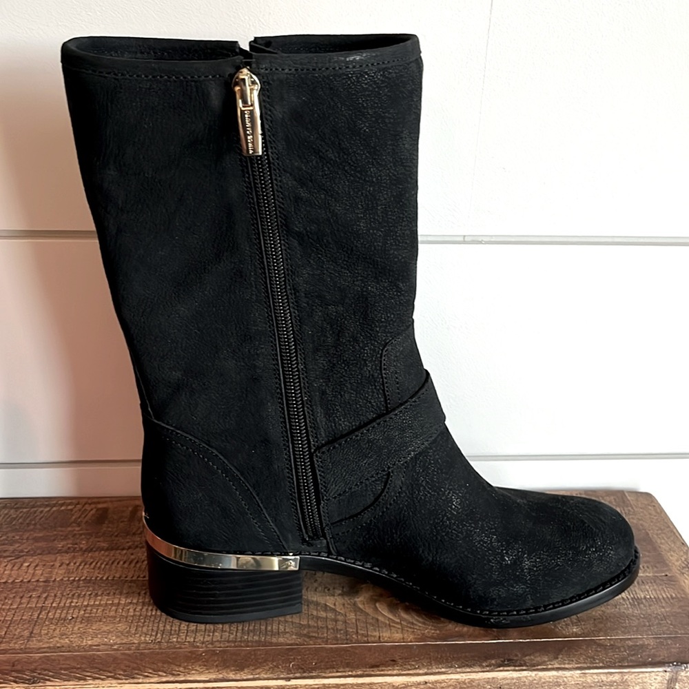 Vince Camuto Black and Gold Winter Boots with Textured Fabric and Side Zipper